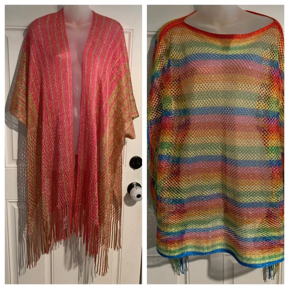 NWT Lot Of 2 Swimsuit Coverups Rainbow Fringe O/S Crochet Pink/gold Swimwear